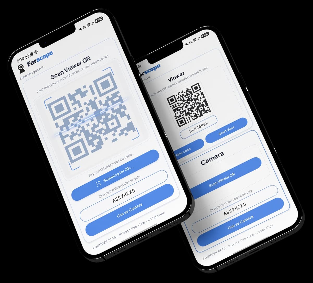 Two phones showing the Farscope QR pairing screens, one scanning, one displaying the viewer QR code